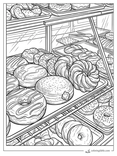 Intricate engraving-style coloring page of donuts and pastries in a glass bakery display case.
