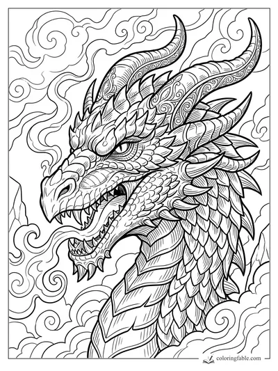Intricate engraved dragon head with long patterned horns, sharp teeth, layered scales, and swirling clouds.