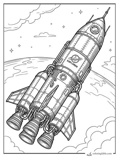 Intricate engraved Explorer rocket with boosters, pipes, rivets, clouds, stars, and Earth below.