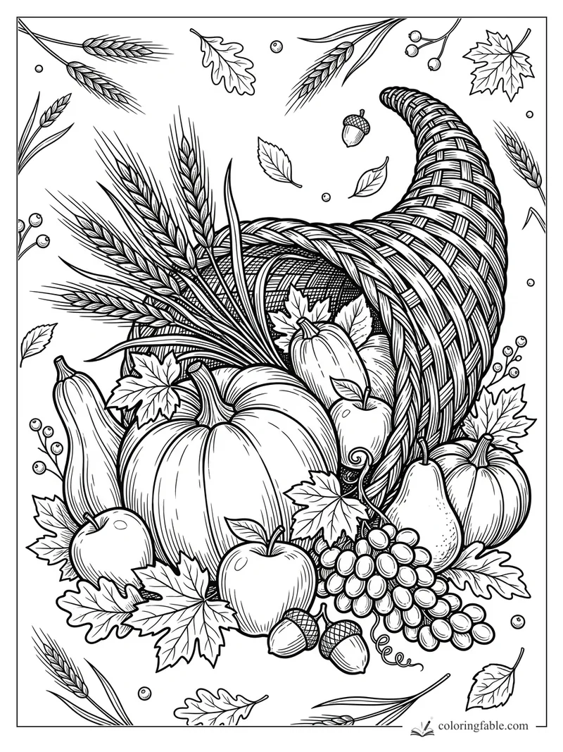 Intricate fall cornucopia coloring page with pumpkins, wheat stalks, grapes, apples, leaves, and acorns.
