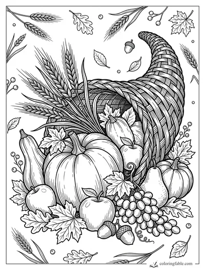 Intricate fall cornucopia coloring page with pumpkins, wheat stalks, grapes, apples, leaves, and acorns.