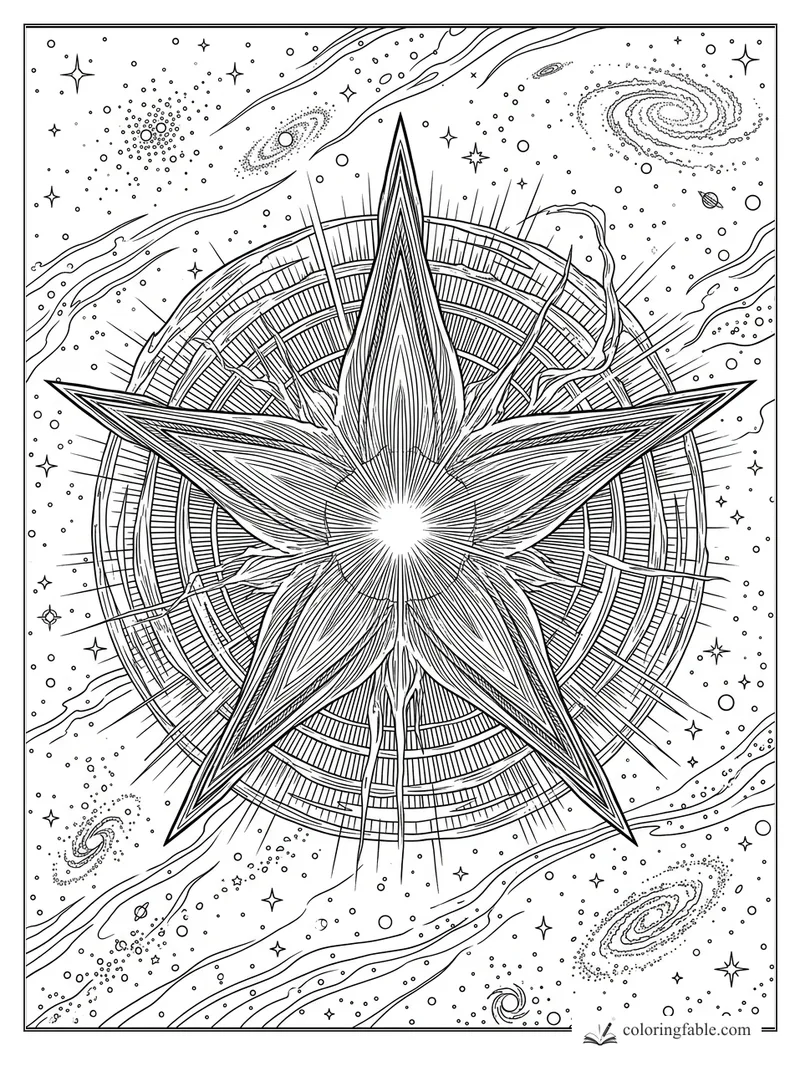 Intricate engraved five-point star on a circular celestial compass with galaxies, nebula lines, and tiny stars