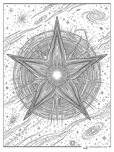Intricate engraved five-point star on a circular celestial compass with galaxies, nebula lines, and tiny stars