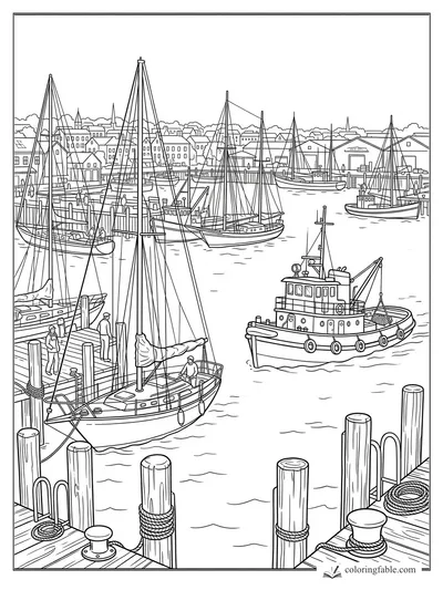 Intricate engraved harbor scene with tugboat, sailboats, docks, pilings, ropes, and town buildings