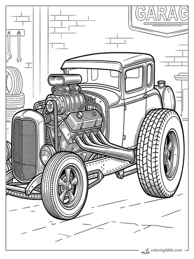 Intricate hot rod coloring page with exposed engine, wide rear tire, garage sign, tools, and stacked tires.
