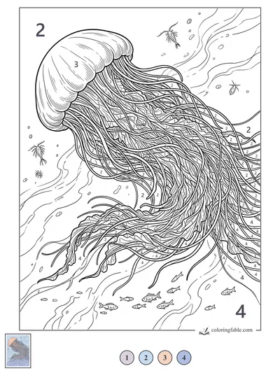 Engraved Jellyfish with Streaming Tentacles — color by number