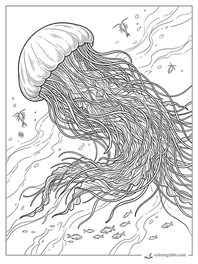 Intricate engraving-style jellyfish with long flowing tentacles, tiny fish, bubbles, and drifting sea creatures.