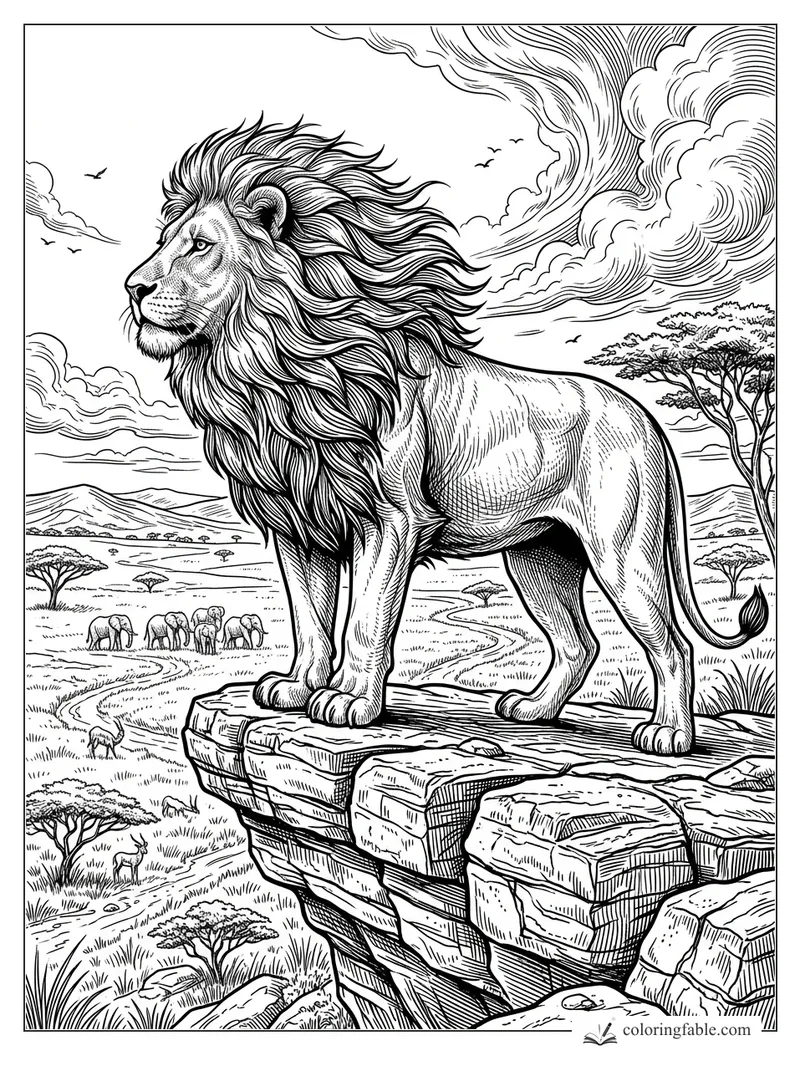 Intricate engraving coloring page of a lion on a cliff above elephants, acacia trees, and swirling clouds.