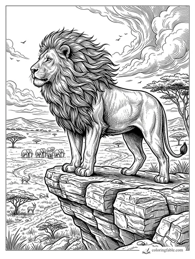 Intricate engraving coloring page of a lion on a cliff above elephants, acacia trees, and swirling clouds.