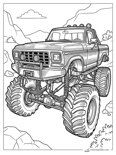 Intricate monster truck coloring page with huge treaded tires, roof lights, winch, rocks, hills, and cloud.