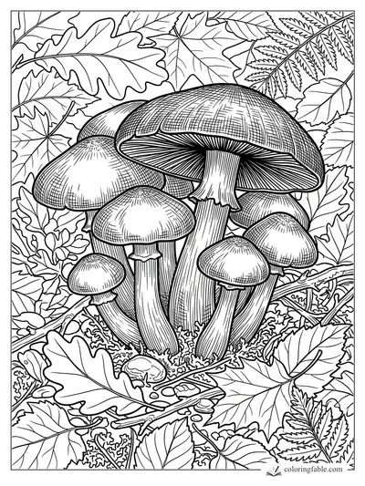 Intricate engraved mushroom cluster with oak, maple, and fern leaves on the forest floor