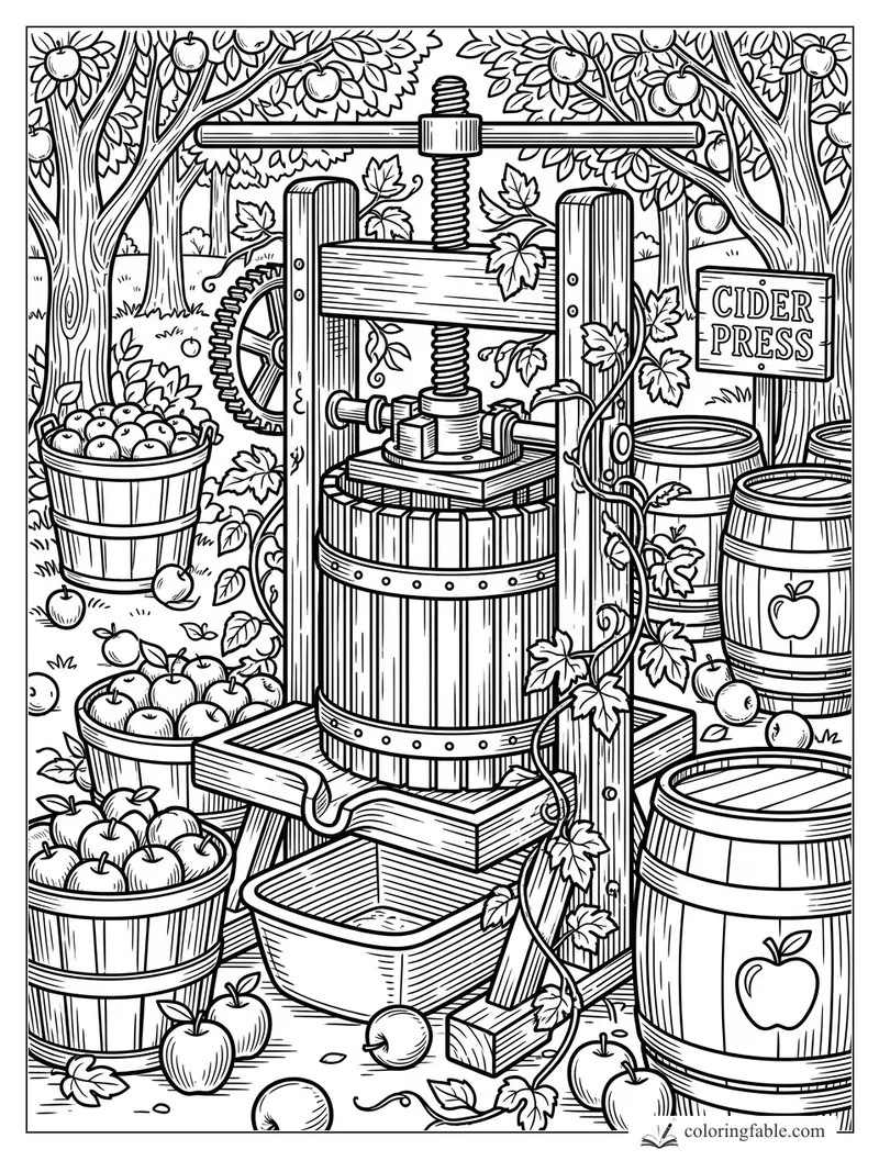 Intricate fall cider press in an apple orchard with baskets, barrels, vines, gears, and a Cider Press sign.