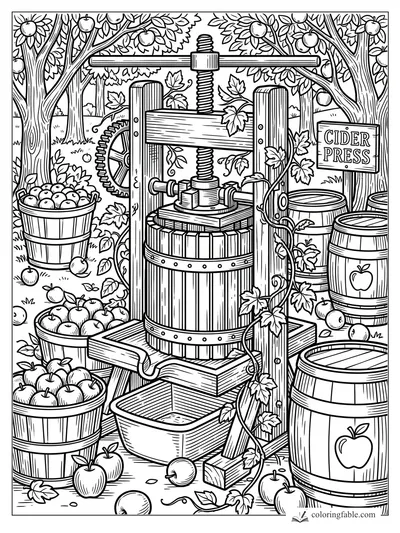 Intricate fall cider press in an apple orchard with baskets, barrels, vines, gears, and a Cider Press sign.