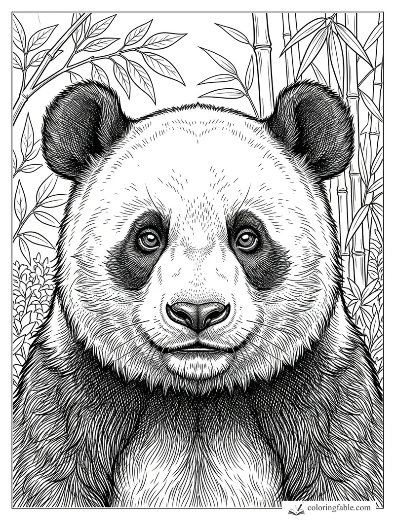 Intricate engraved panda face with dark ears, bright eyes, bamboo stalks, and leafy branches