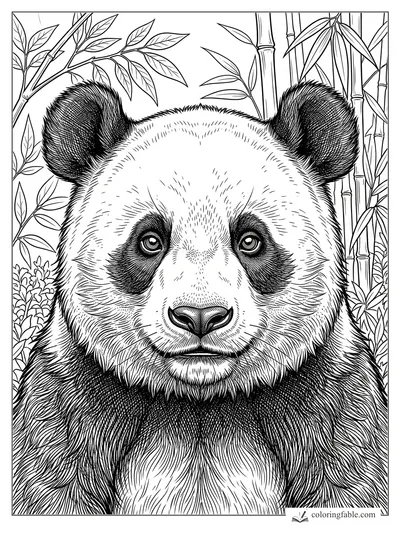 Intricate engraved panda face with dark ears, bright eyes, bamboo stalks, and leafy branches