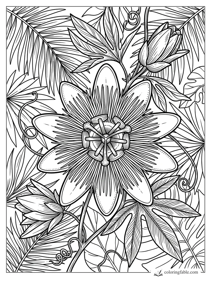 Intricate passionflower coloring page with striped leaves, curling tendrils, and two closed buds