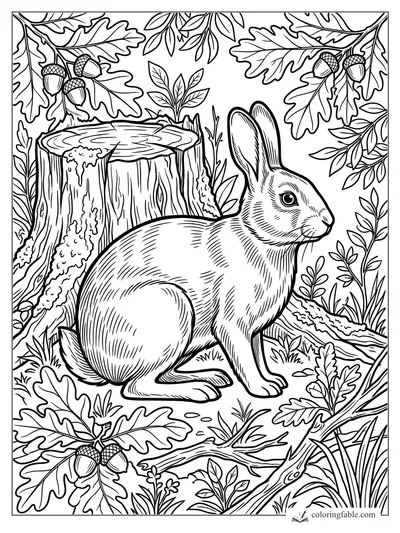 Intricate engraved rabbit beside an oak stump, acorns, mossy branches, grasses, and oak leaves.