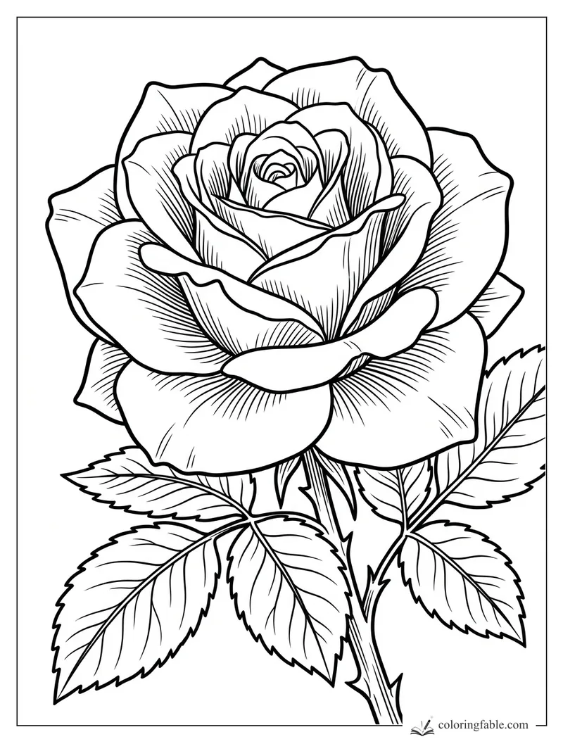 Intricate engraved rose coloring page with layered petals, veined leaves, and a thorny stem