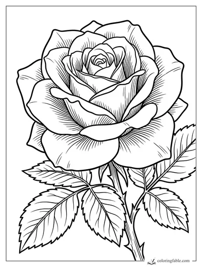 Intricate engraved rose coloring page with layered petals, veined leaves, and a thorny stem