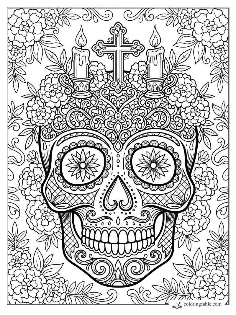 Intricate engraved sugar skull with floral eyes, cross crown, candles, marigolds, leaves, and scrollwork.