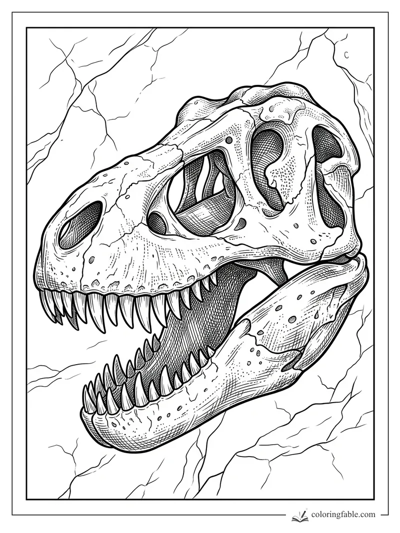 Intricate engraved T. rex skull fossil with open jaws, sharp teeth, and cracked stone around it