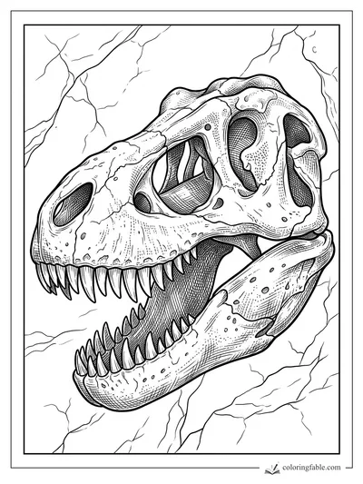 Intricate engraved T. rex skull fossil with open jaws, sharp teeth, and cracked stone around it