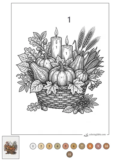 Engraved Thanksgiving Harvest Basket with Candles — color by number