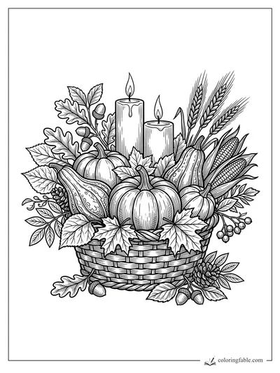 Intricate Thanksgiving basket with lit candles, pumpkins, corn, wheat, leaves, acorns, and gourds.