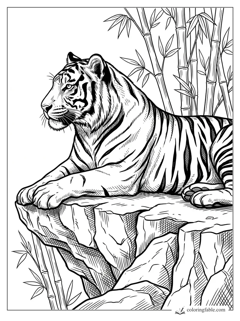 Engraved tiger lying on a rocky ledge with bamboo stalks and leaves behind it.