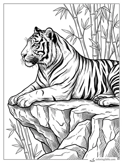 Engraved tiger lying on a rocky ledge with bamboo stalks and leaves behind it.