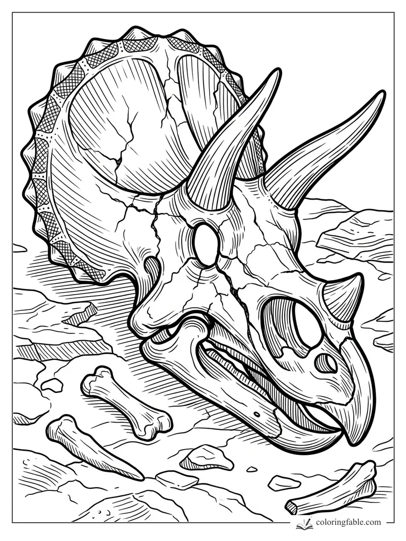 Intricate engraving-style triceratops skull with long horns, cracked frill, loose bones, and rocky ground.