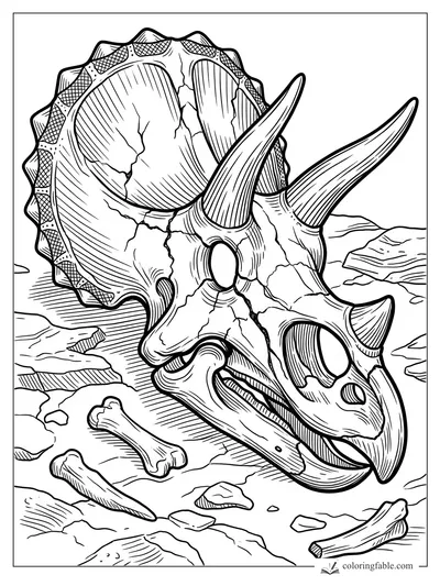 Intricate engraving-style triceratops skull with long horns, cracked frill, loose bones, and rocky ground.