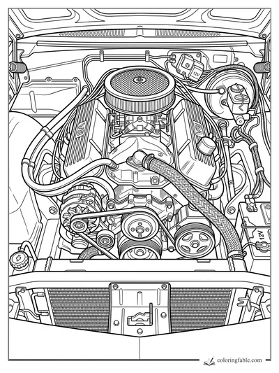 Intricate engraved V8 muscle car engine bay with air filter, belts, hoses, battery, and 12V wiring.