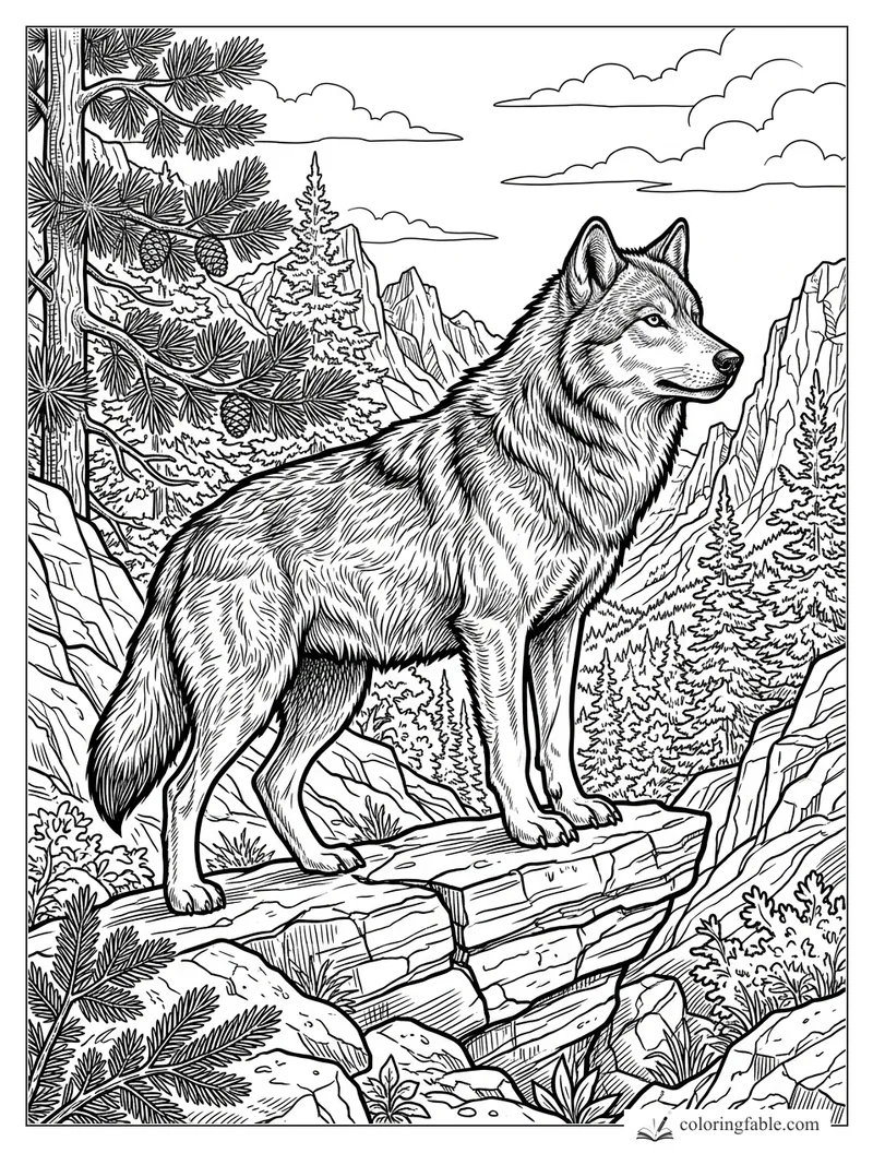 Intricate engraved wolf standing on a rocky ledge among pines, cones, cliffs, mountains, and clouds.
