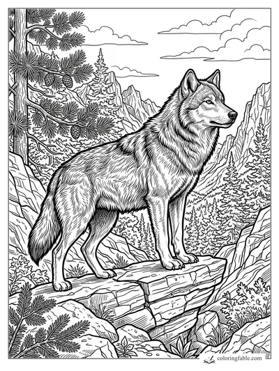 Intricate engraved wolf standing on a rocky ledge among pines, cones, cliffs, mountains, and clouds.