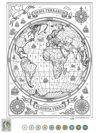 Engraved World Map with Compass Roses and Sea Dragons — color by number