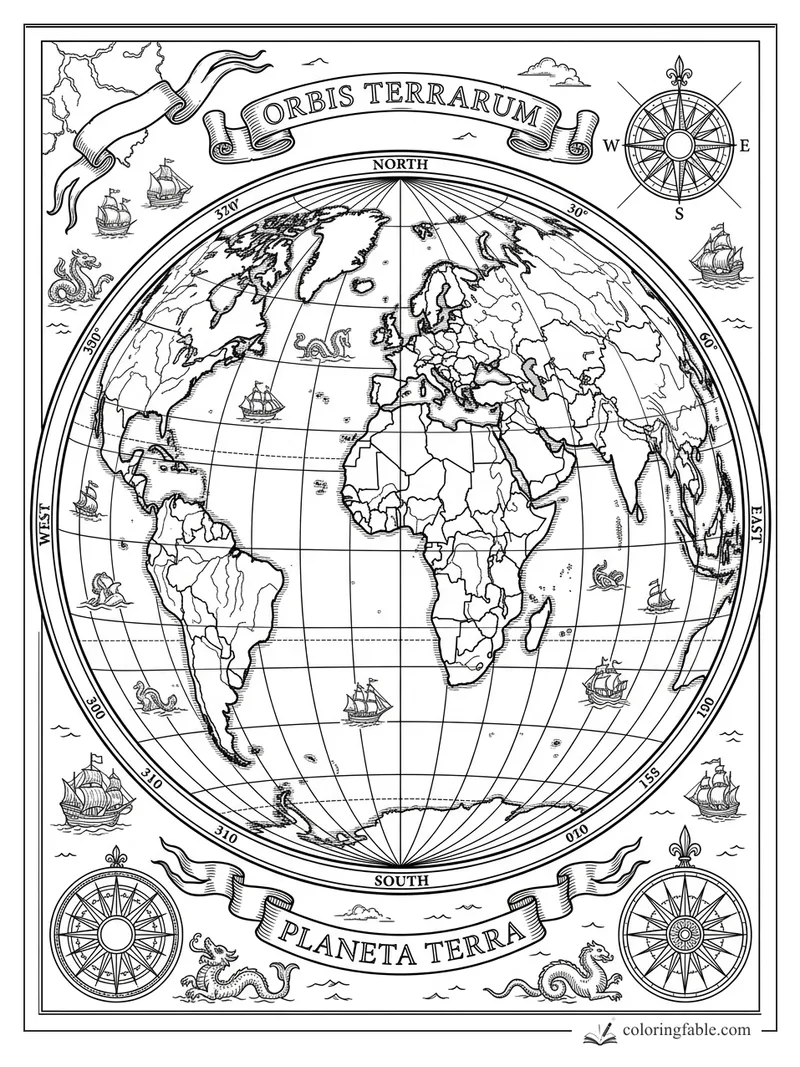 Intricate engraved world map coloring page with compass roses, sailing ships, banners, and sea dragons