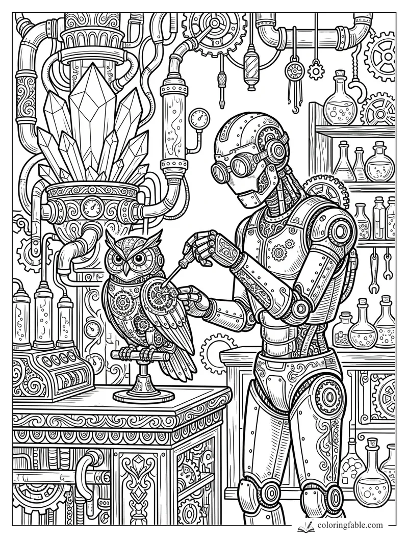 Intricate engraving-style robot tuning a clockwork owl beside crystals, gears, pipes, and potion bottles.