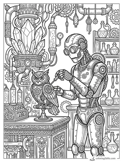 Intricate engraving-style robot tuning a clockwork owl beside crystals, gears, pipes, and potion bottles.