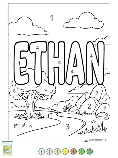 Ethan Name Trail with Tree and Rocks — color by number