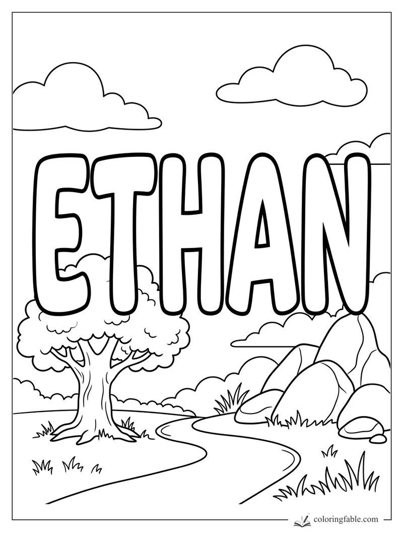 Bold Ethan name coloring page with a winding trail, leafy tree, rocks, grass, and clouds