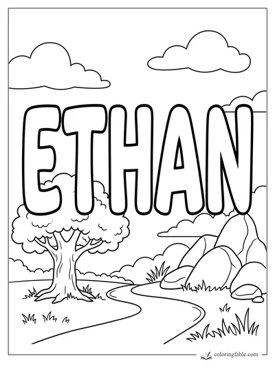 Bold Ethan name coloring page with a winding trail, leafy tree, rocks, grass, and clouds