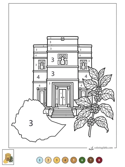 Ethiopian Palace with Coffee Branch — color by number
