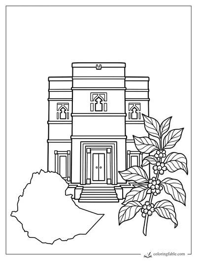 Ethiopia outline, a tall arched palace, and a coffee branch with leaves and berries coloring page