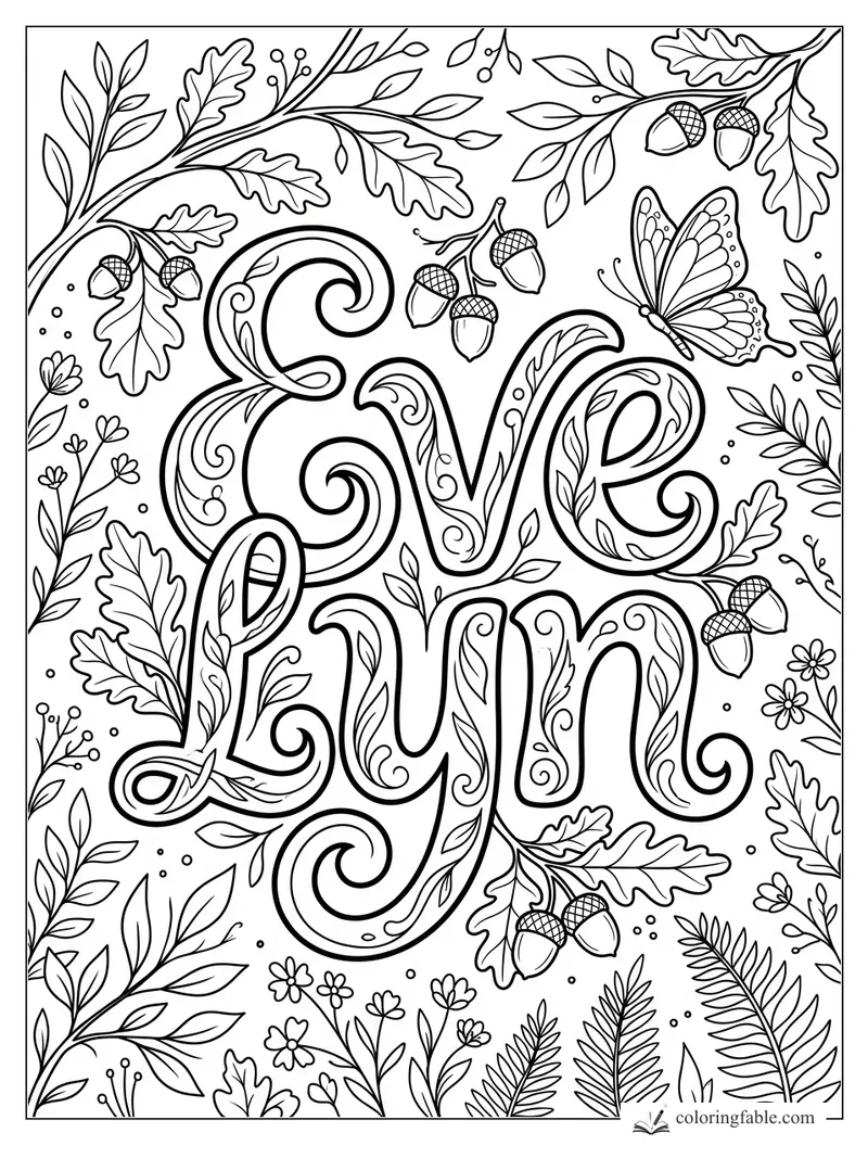 Evelyn name coloring page with leafy letters, oak branches, acorns, flowers, and a butterfly