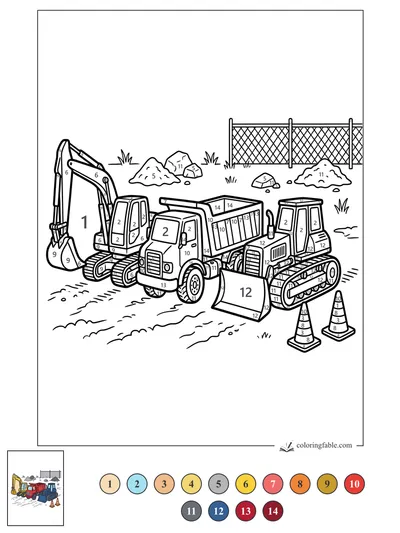 Excavator, Dump Truck, and Bulldozer at the Fenced Worksite — color by number