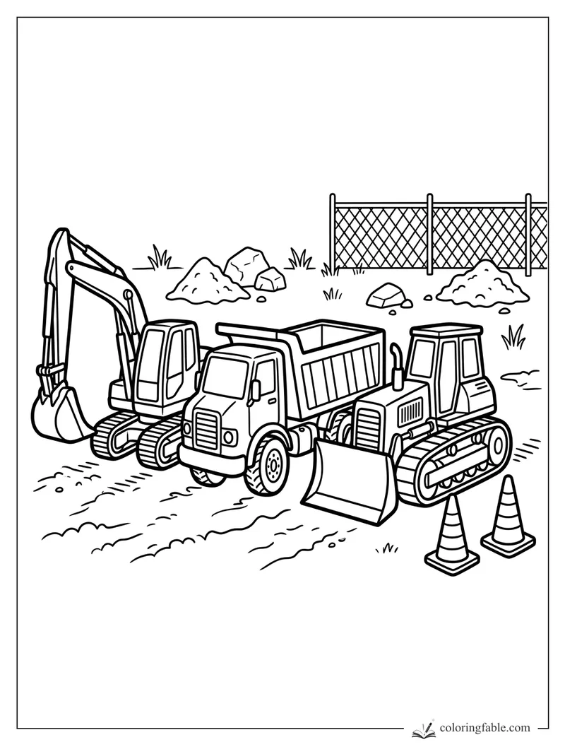 Doodle coloring page of an excavator, dump truck, and bulldozer beside cones, rocks, and a chain-link fence.