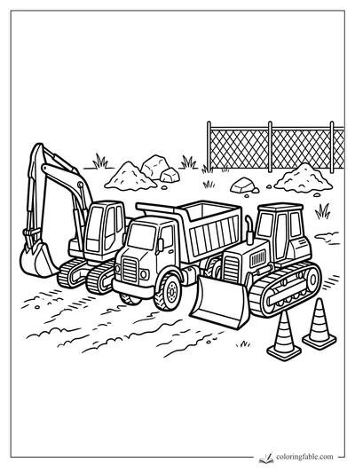 Doodle coloring page of an excavator, dump truck, and bulldozer beside cones, rocks, and a chain-link fence.