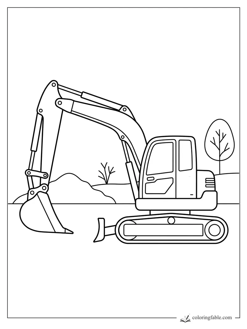 Easy excavator coloring page with track treads, front blade, digging arm, bucket, hills, and two bare trees.