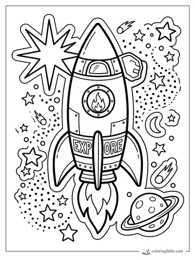 Sticker-style explore rocket with flame window, fins, stars, comets, moon, and ringed planet